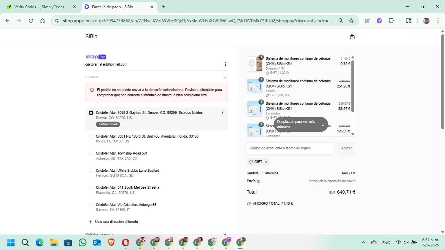 SiBio promo code screenshot showing code GIFT applied at SiBio checkout page. Uploaded by SimplyCodes community member DavGutFig on Jun 5, 2025