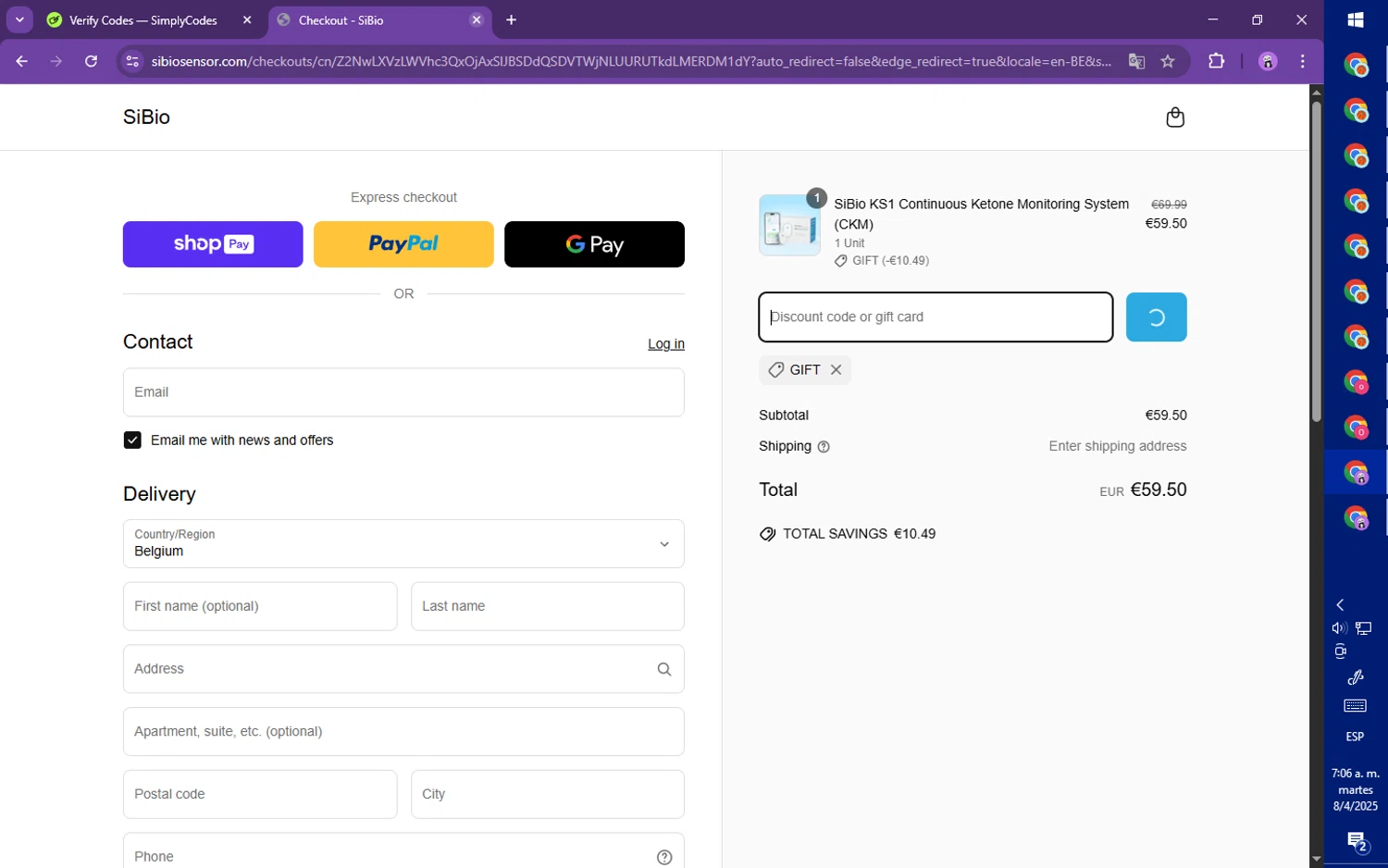 SiBio promo code screenshot showing code GIFT applied at SiBio checkout page. Uploaded by SimplyCodes community member mileSalima on Apr 8, 2025