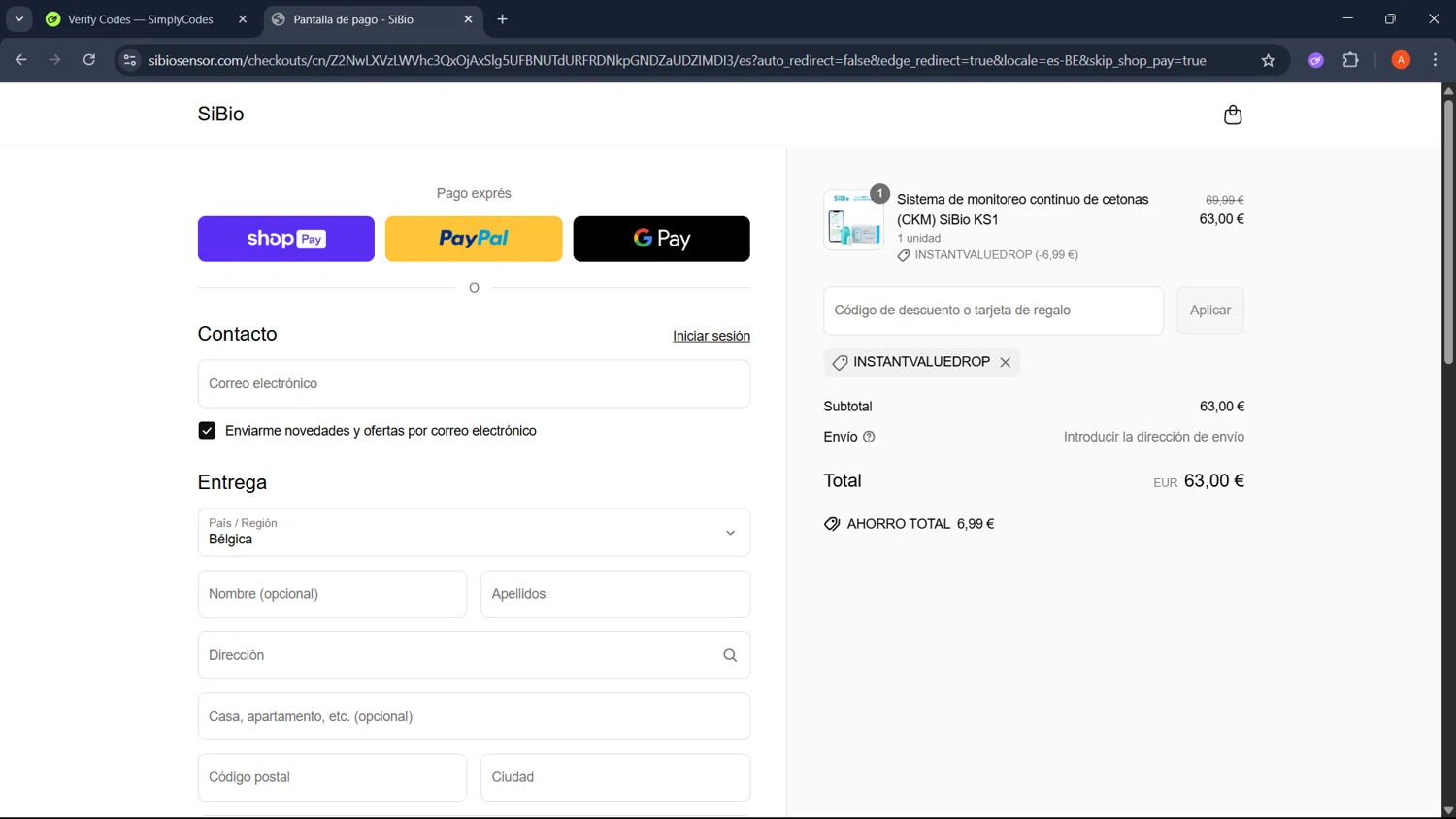 SiBio promo code screenshot showing code instantvaluedrop applied at SiBio checkout page. Uploaded by SimplyCodes community member GoldChaser2970 on Jun 9, 2025
