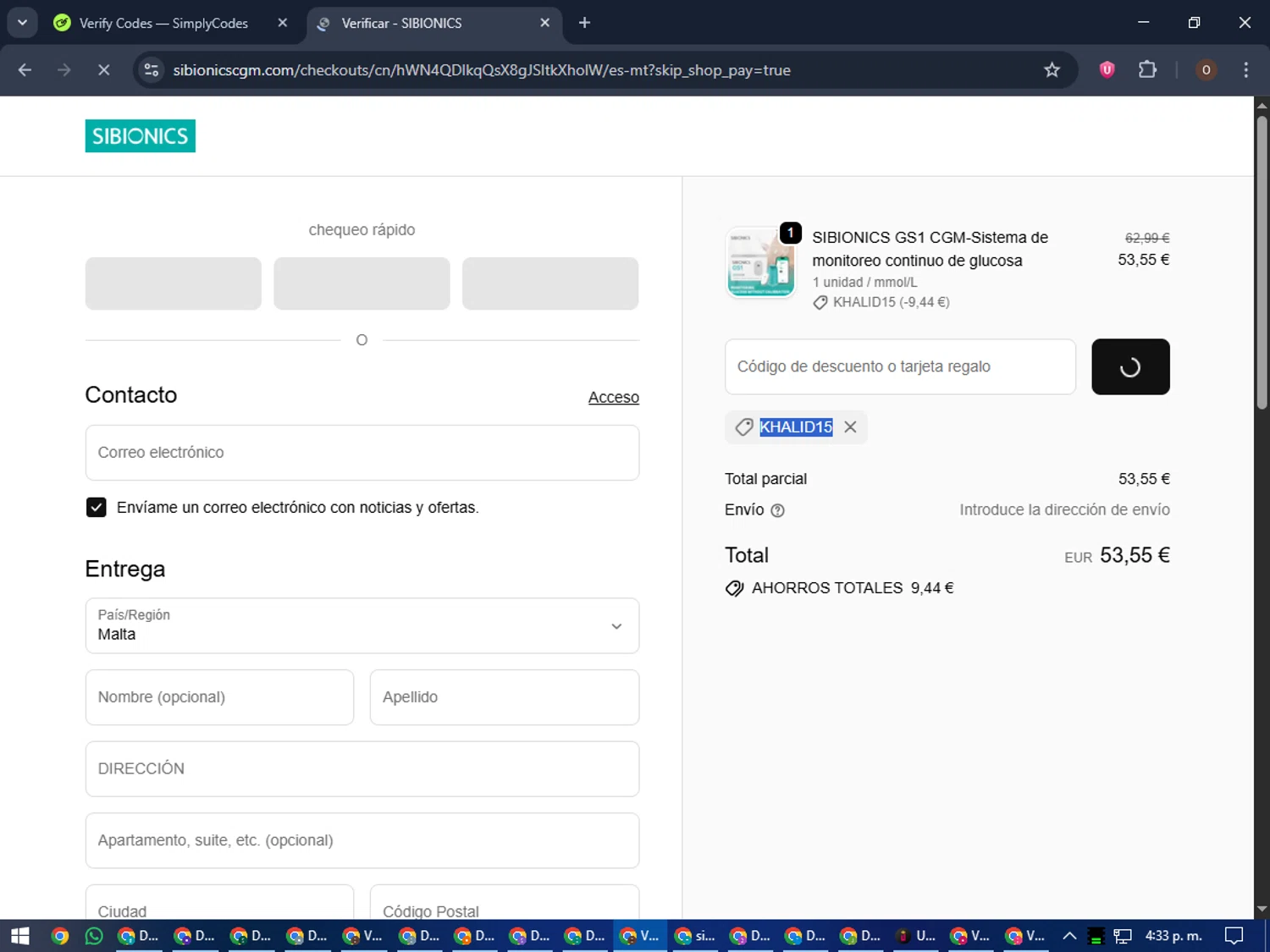 SIBIONICS promo code screenshot showing code KHALID15 applied at SIBIONICS checkout page. Uploaded by SimplyCodes community member LegendaryAdmiral8649 on Oct 22, 2025