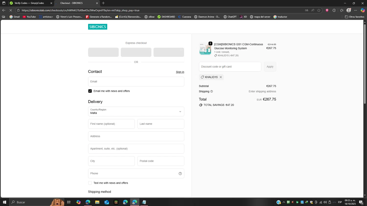 SIBIONICS promo code screenshot showing code KHALID15 applied at SIBIONICS checkout page. Uploaded by SimplyCodes community member Ricardoanavas on Oct 18, 2025