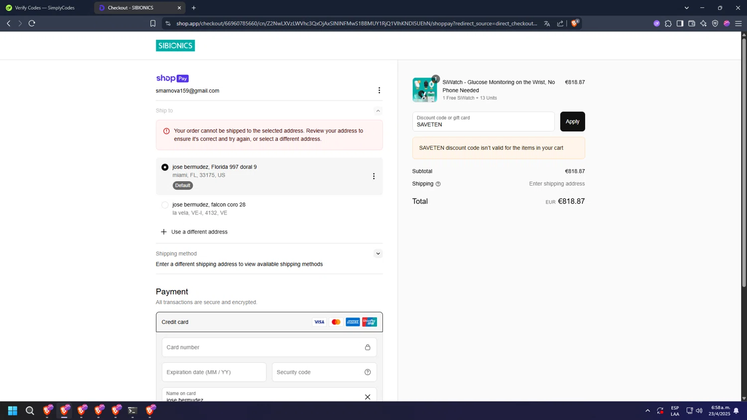 SIBIONICS promo code screenshot showing code SAVETEN applied at SIBIONICS checkout page. Uploaded by SimplyCodes community member diosgreed2030 on Apr 23, 2025