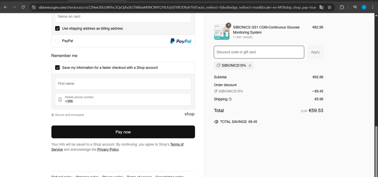 SIBIONICS promo code screenshot showing code SIBIONICS15% applied at SIBIONICS checkout page. Uploaded by SimplyCodes community member Jeanjc on Mar 7, 2025