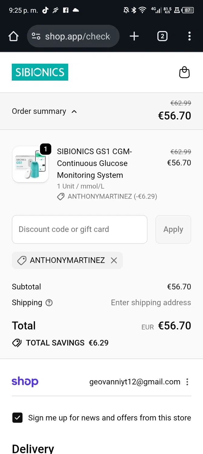 SIBIONICS promo code screenshot showing code ANTHONYMARTINEZ applied at SIBIONICS checkout page. Uploaded by SimplyCodes community member CrownCollector9208 on Dec 5, 2025