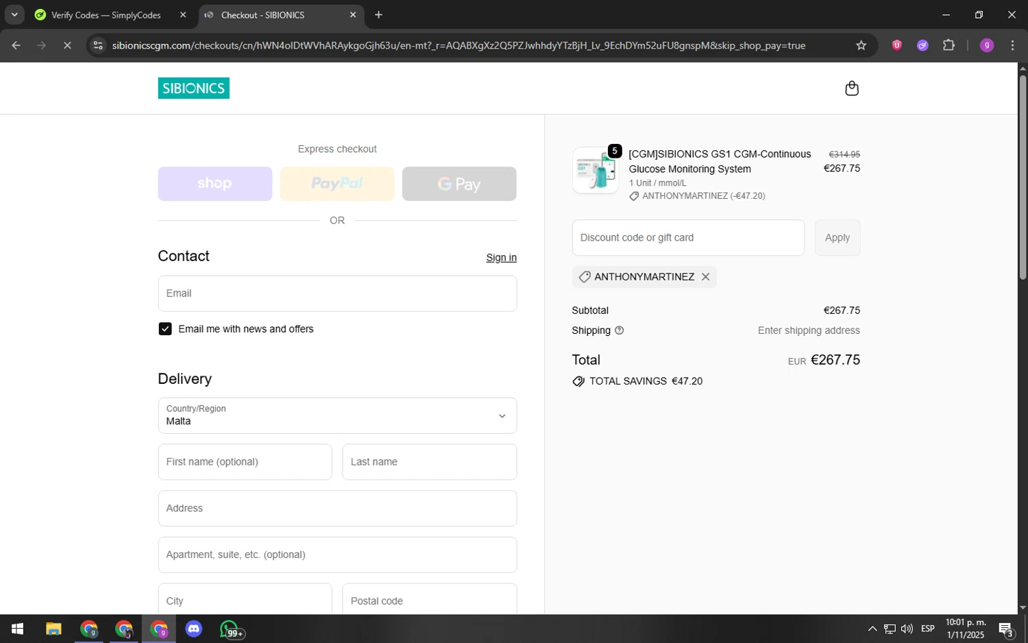 SIBIONICS promo code screenshot showing code ANTHONYMARTINEZ applied at SIBIONICS checkout page. Uploaded by SimplyCodes community member youngchecker on Nov 2, 2025