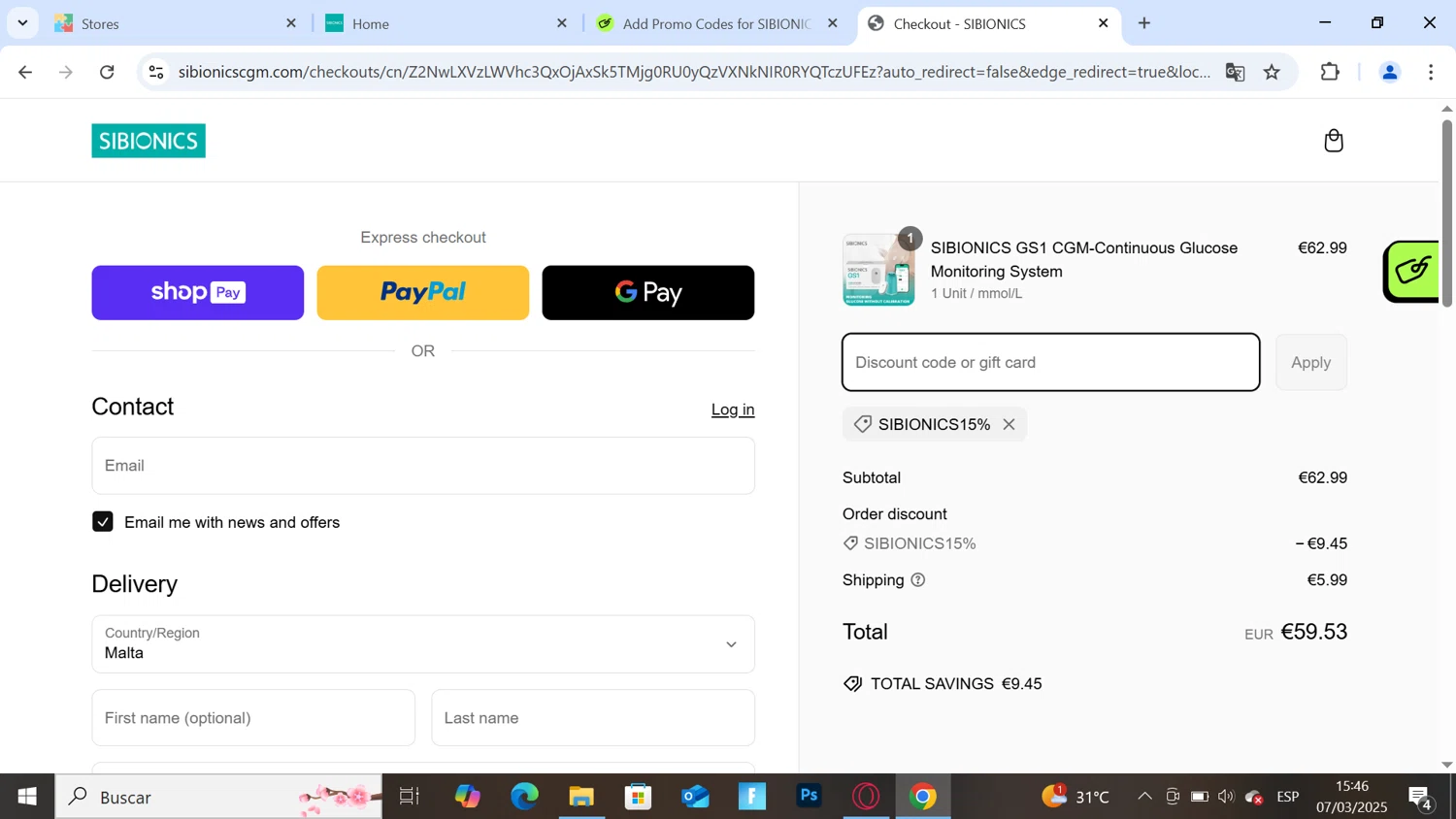 SIBIONICS promo code screenshot showing code SIBIONICS15% applied at SIBIONICS checkout page. Uploaded by SimplyCodes community member TreasureTiger5464 on Mar 7, 2025