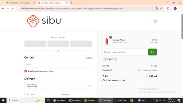 Sibu checkout page showing Sibu coupon code box | Screenshot taken by SimplyCodes community member on Sep 14, 2025
