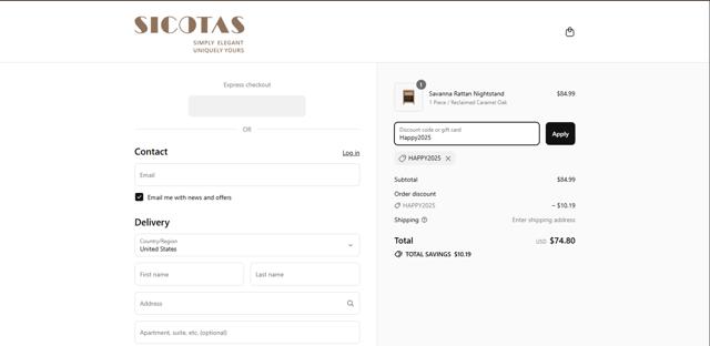 Sicotas checkout page showing Sicotas discount code box | Screenshot taken by SimplyCodes community member on Sep 8, 2025