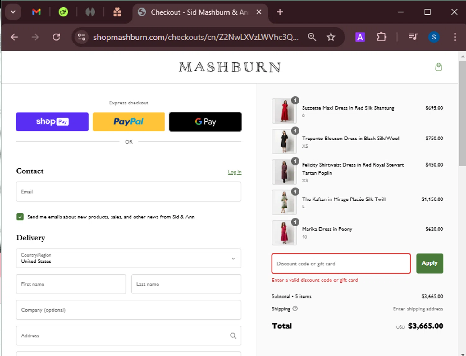Sid & Ann Mashburn promo code screenshot showing code TANGLEDUPINBLUES applied at Sid & Ann Mashburn checkout page. Uploaded by SimplyCodes community member BrandoJose1 on Jan 3, 2025