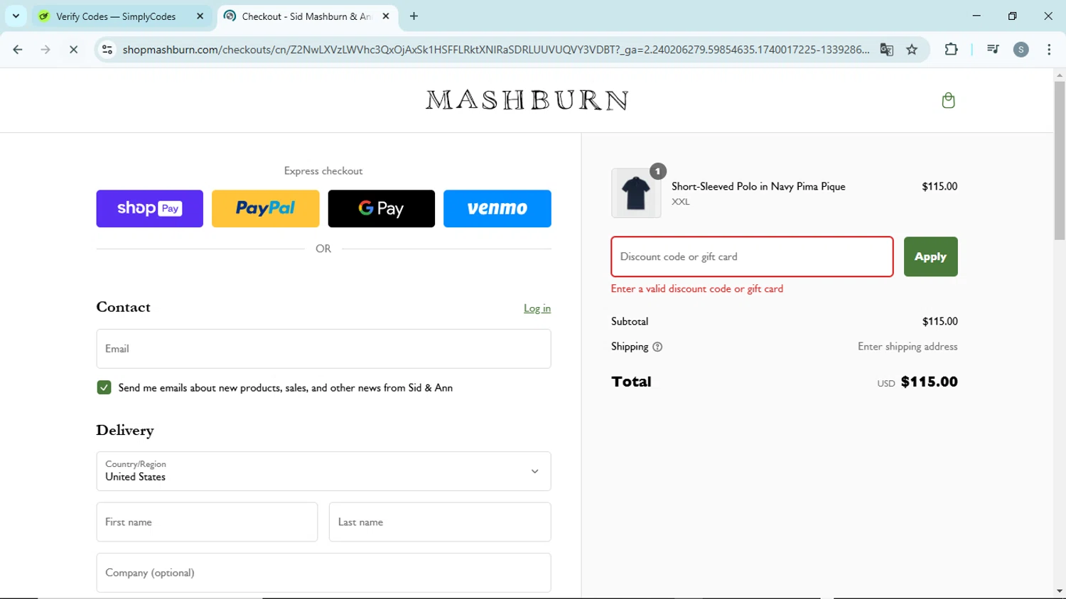 Sid & Ann Mashburn promo code screenshot showing code TANGLEDUPINBLUES applied at Sid & Ann Mashburn checkout page. Uploaded by SimplyCodes community member EpicScholar6418 on Feb 20, 2025