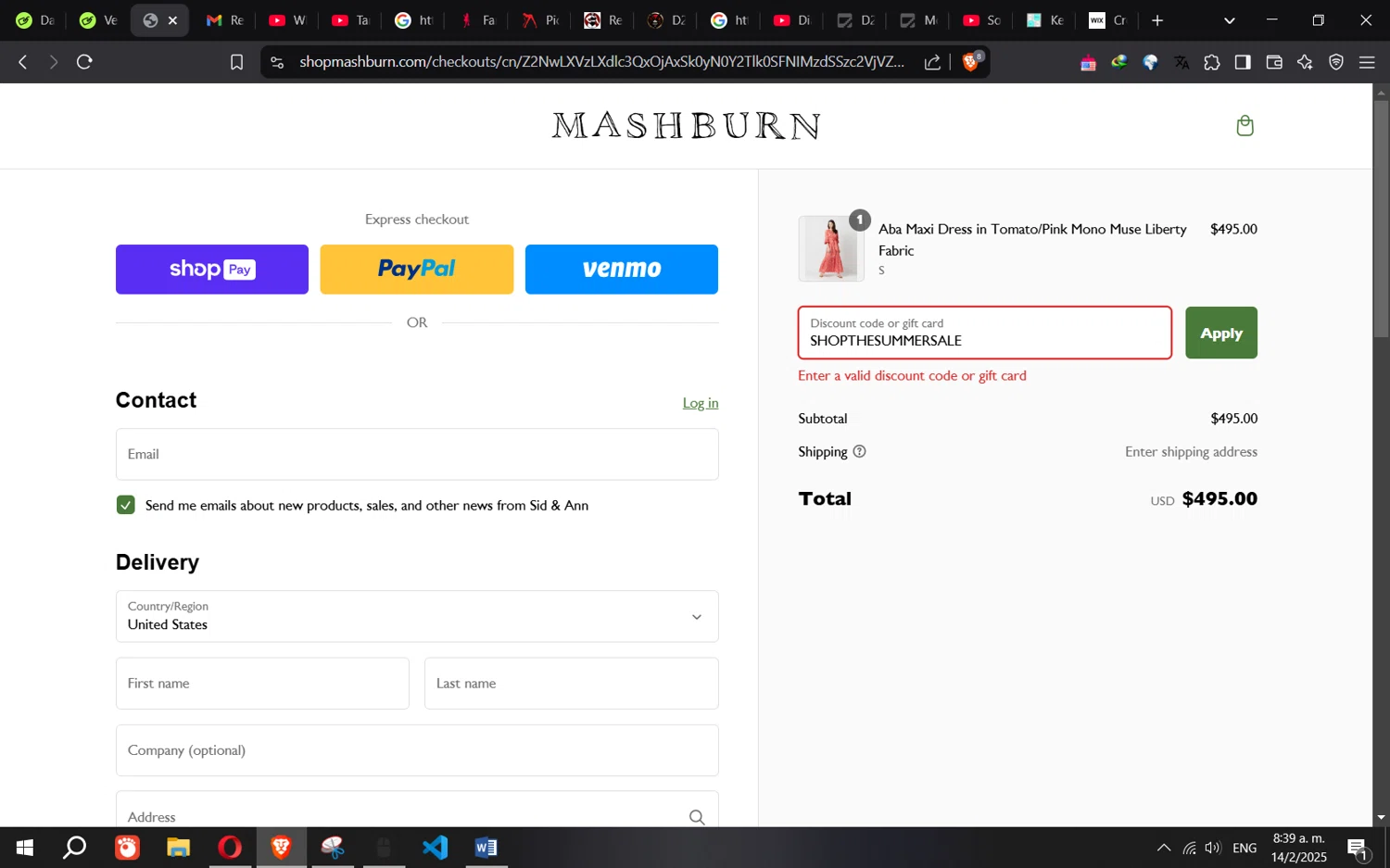 Sid & Ann Mashburn promo code screenshot showing code SHOPTHESUMMERSALE applied at Sid & Ann Mashburn checkout page. Uploaded by SimplyCodes community member Norman_KSD on Feb 14, 2025