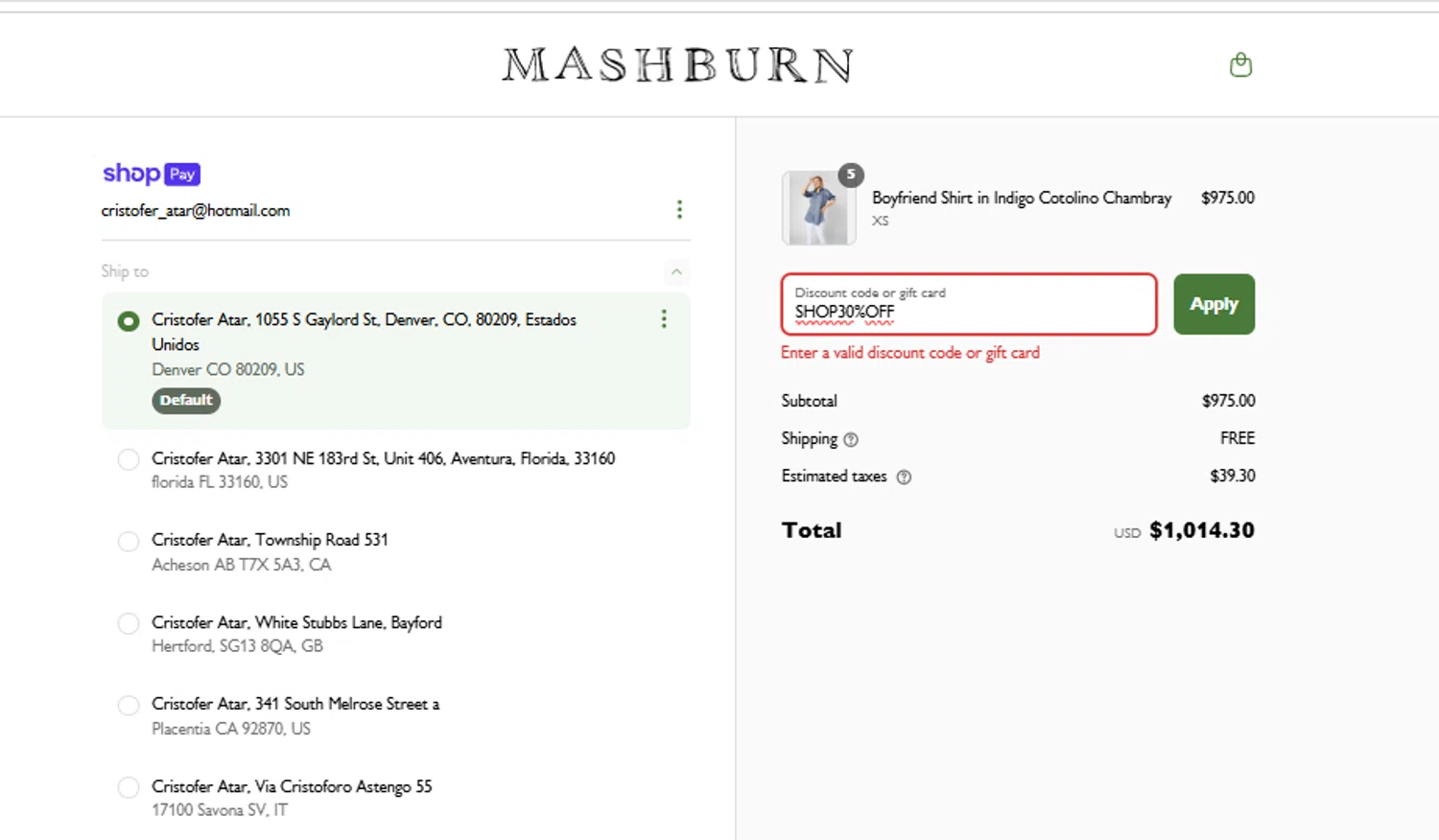 Sid & Ann Mashburn promo code screenshot showing code SHOP30%OFF applied at Sid & Ann Mashburn checkout page. Uploaded by SimplyCodes community member FundoSinai on Jun 30, 2025