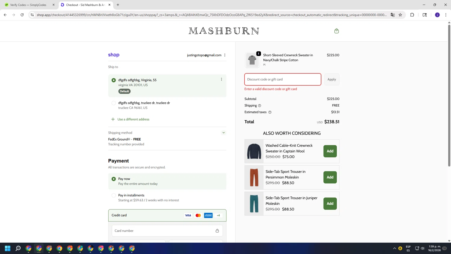 Sid & Ann Mashburn promo code screenshot showing code SHOP30%OFF applied at Sid & Ann Mashburn checkout page. Uploaded by SimplyCodes community member simplycodesssss on Feb 16, 2026