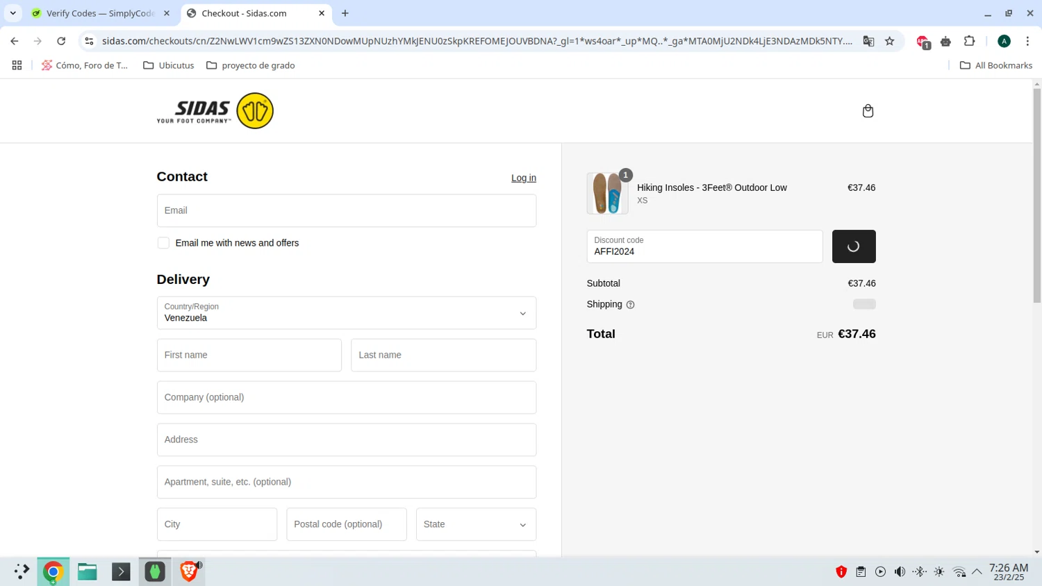 Sidas discount code screenshot showing code AFFI2024 applied at Sidas checkout page. Uploaded by SimplyCodes community member admeneses on Feb 23, 2025