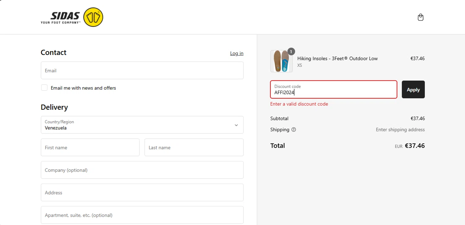 Sidas discount code screenshot showing code AFFI2024 applied at Sidas checkout page. Uploaded by SimplyCodes community member CouponCurator5931 on Feb 23, 2025