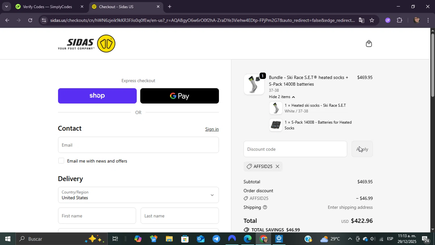 Sidas discount code screenshot showing code AFFSID25 applied at Sidas checkout page. Uploaded by SimplyCodes community member ShieldEagle9436 on Dec 29, 2025
