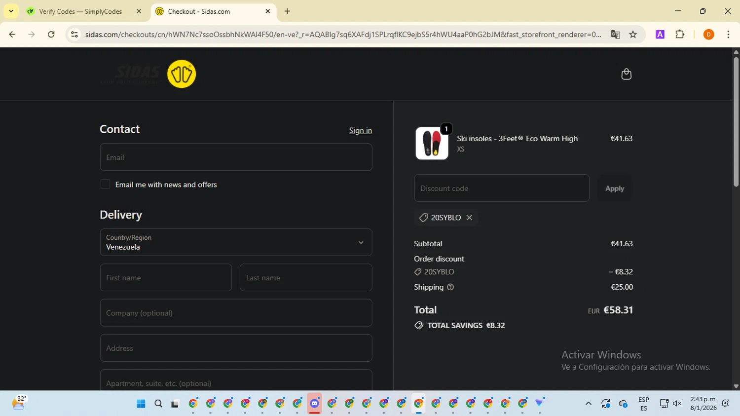 Sidas discount code screenshot showing code 20SYBLO applied at Sidas checkout page. Uploaded by SimplyCodes community member SavingsMaverick3203 on Jan 8, 2026