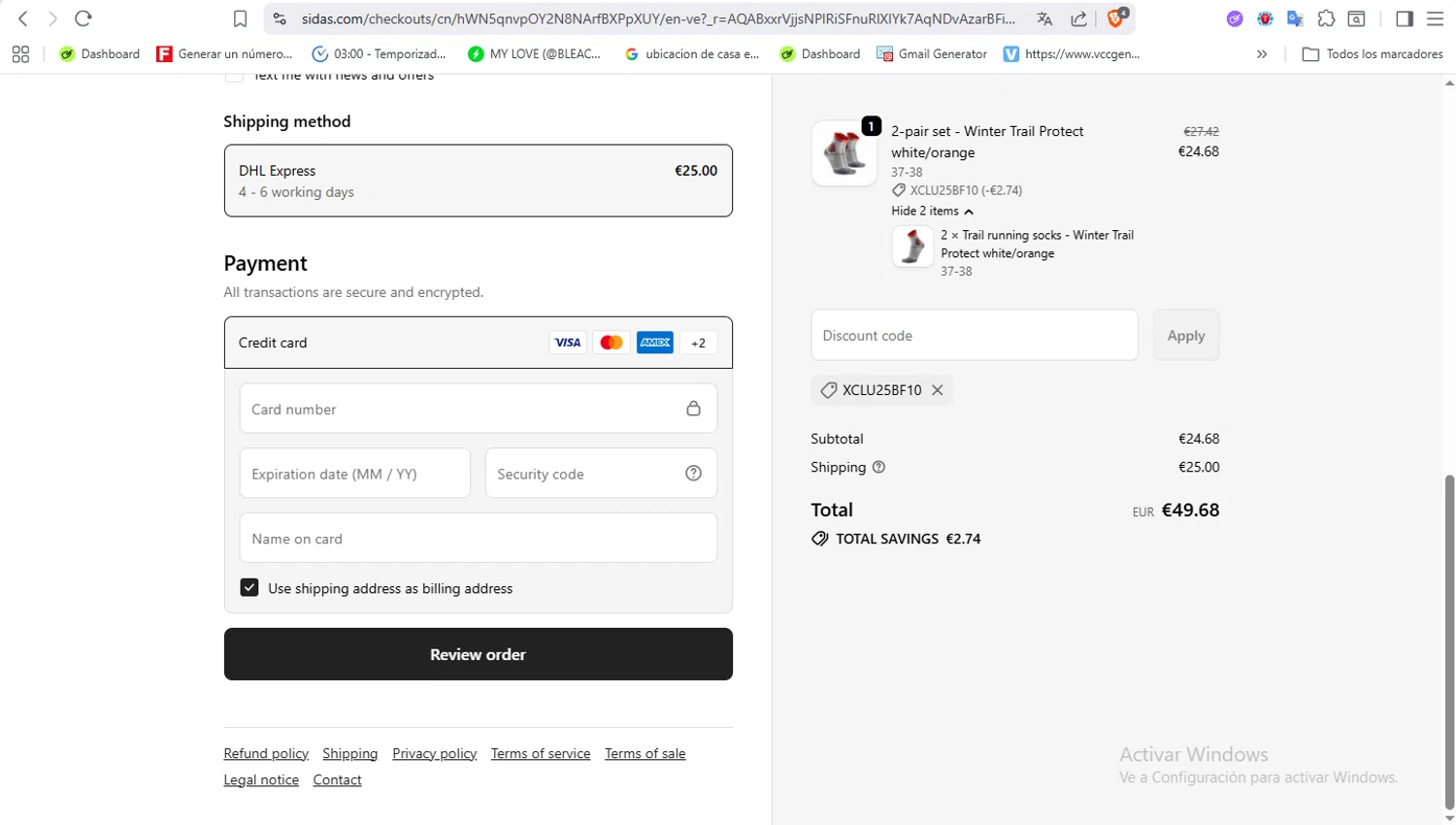 Sidas discount code screenshot showing code XCLU25BF10 applied at Sidas checkout page. Uploaded by SimplyCodes community member VoucherFalcon3942 on Nov 29, 2025