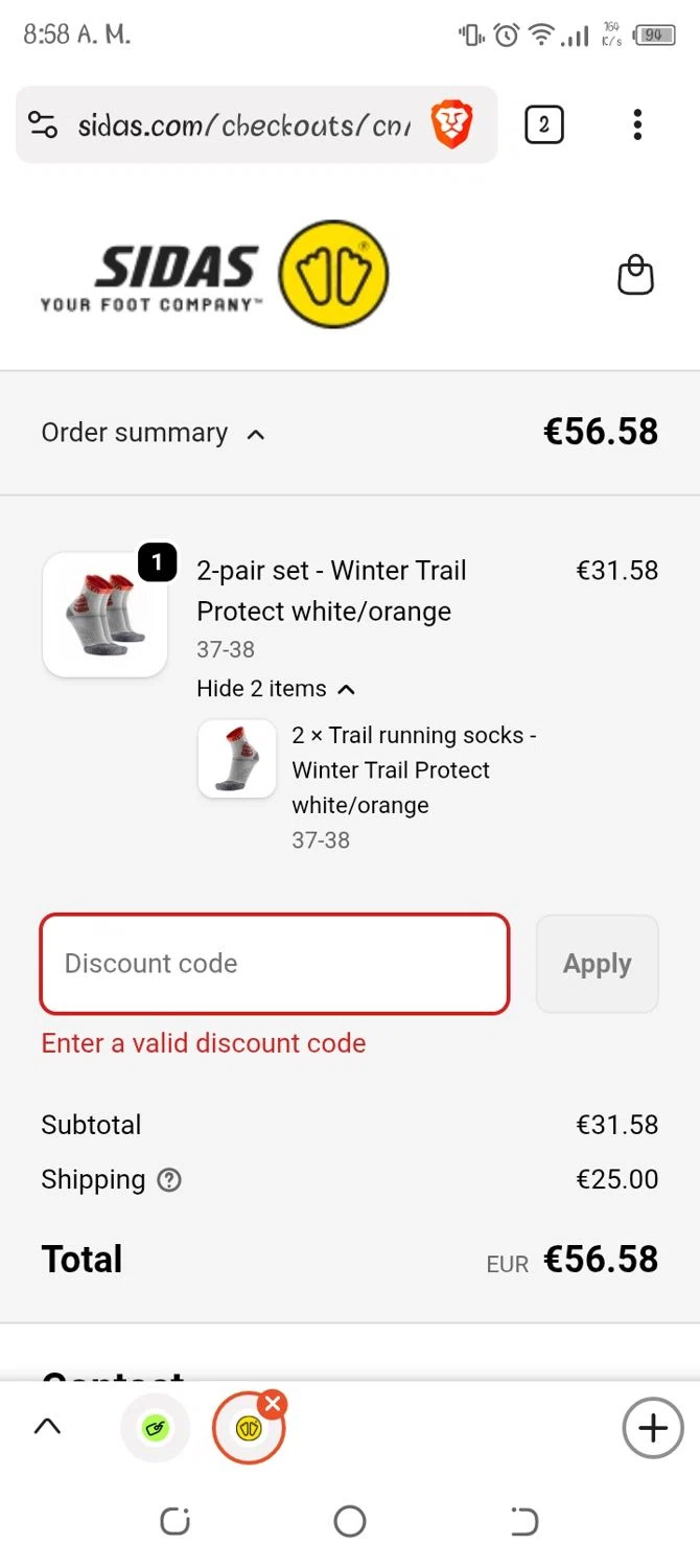 Sidas discount code screenshot showing code XCLU25BF10 applied at Sidas checkout page. Uploaded by SimplyCodes community member peterjanse on Dec 6, 2025