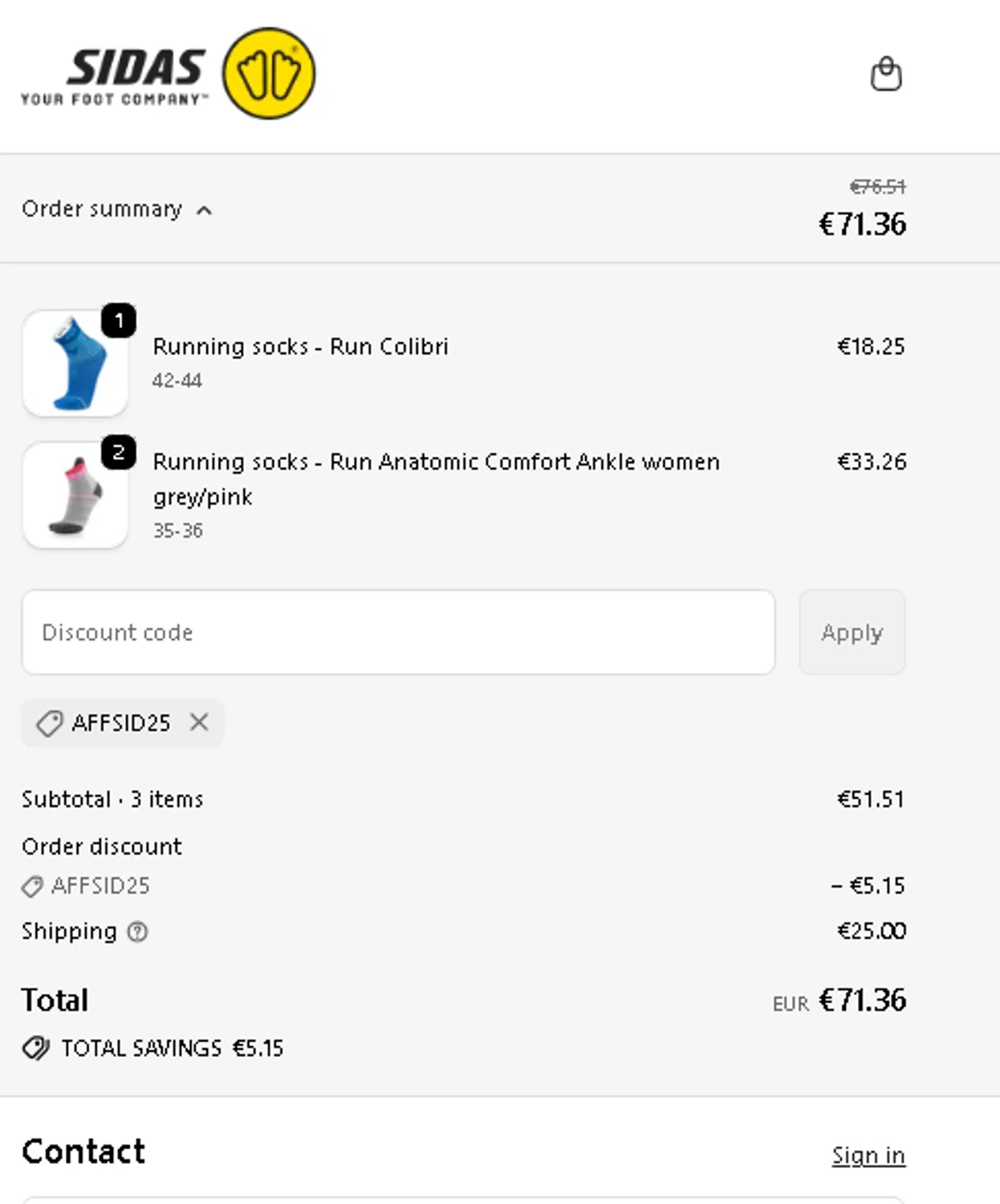 Sidas discount code screenshot showing code AFFSID25 applied at Sidas checkout page. Uploaded by SimplyCodes community member AMANDA2681 on Oct 7, 2025
