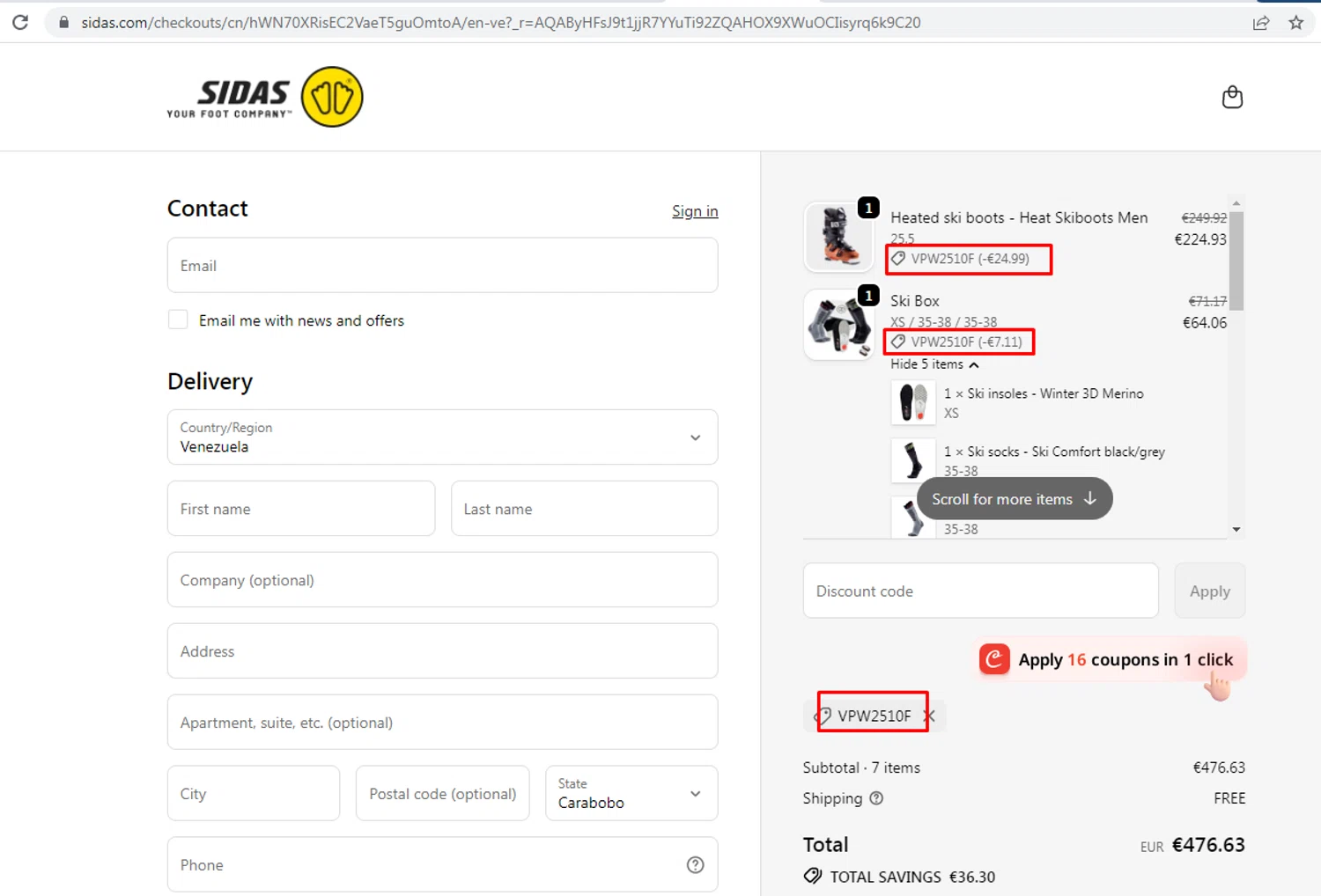 Sidas discount code screenshot showing code VPW2510F applied at Sidas checkout page. Uploaded by SimplyCodes community member nileskamarcano on Dec 29, 2025