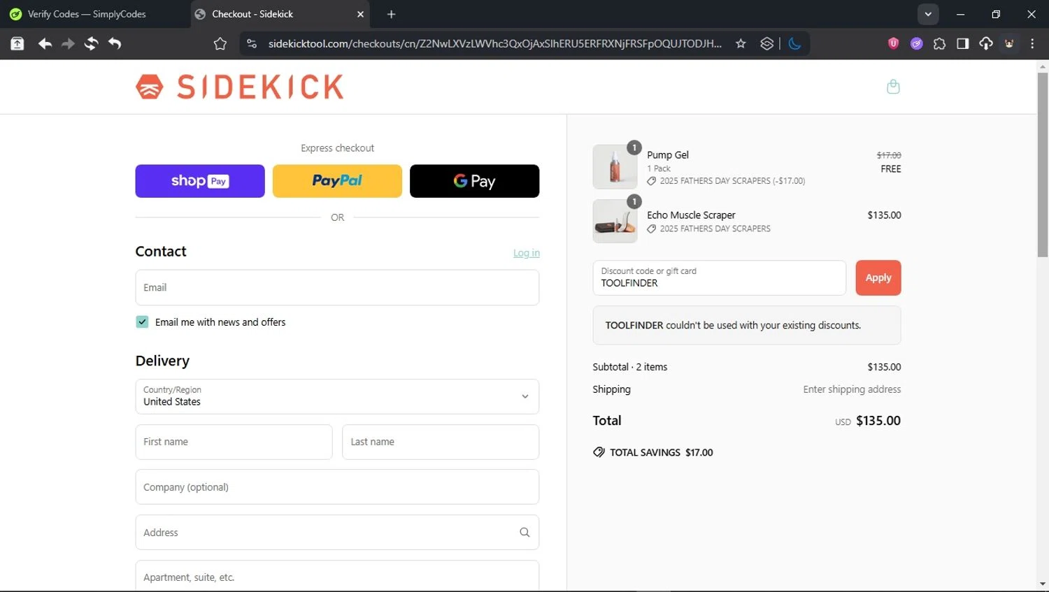 Sidekick promo code screenshot showing code TOOLFINDER applied at Sidekick checkout page. Uploaded by SimplyCodes community member BudgetCollector3125 on Jun 10, 2025
