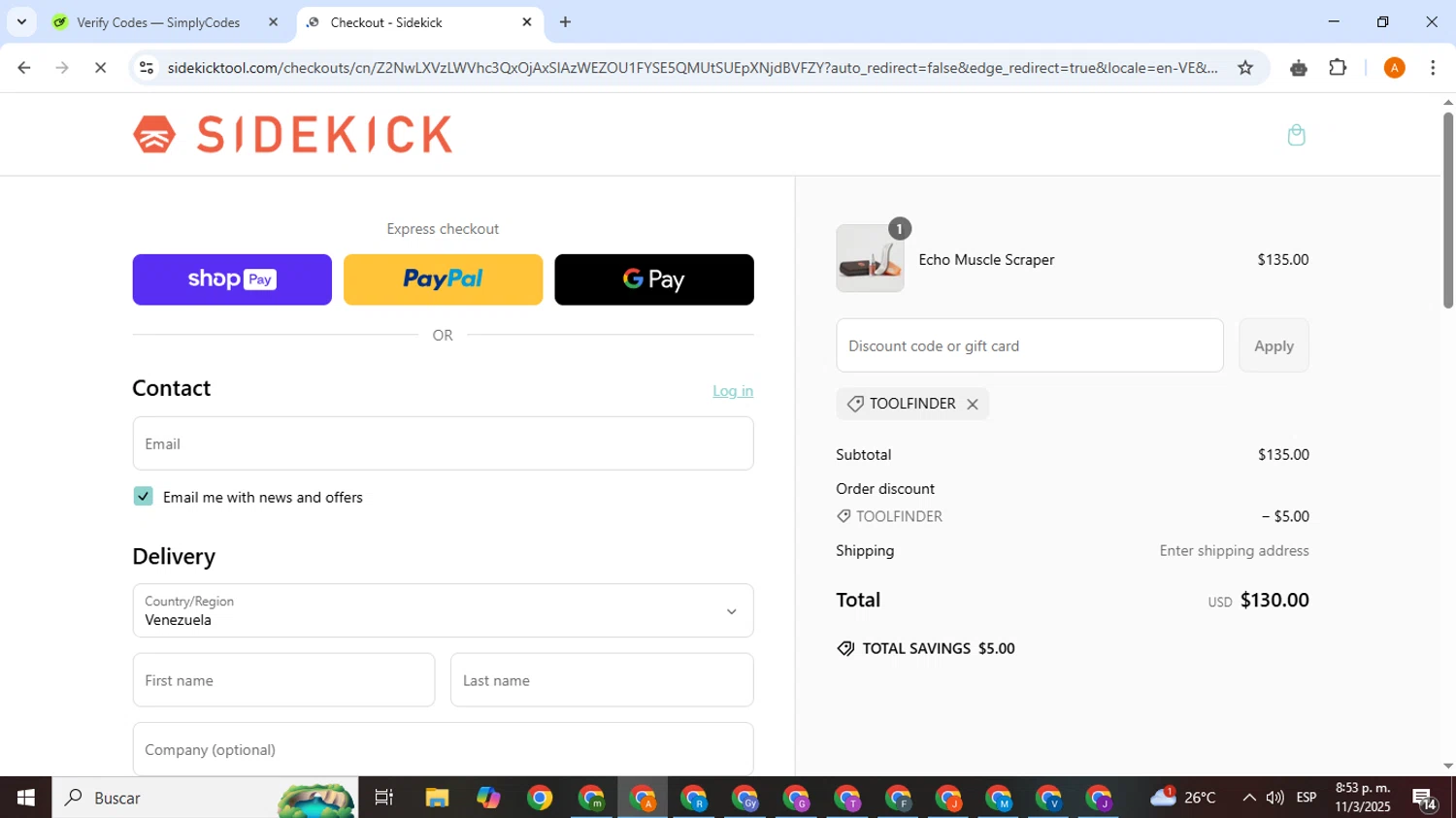 Sidekick promo code screenshot showing code TOOLFINDER applied at Sidekick checkout page. Uploaded by SimplyCodes community member SmartSaver1325 on Mar 12, 2025