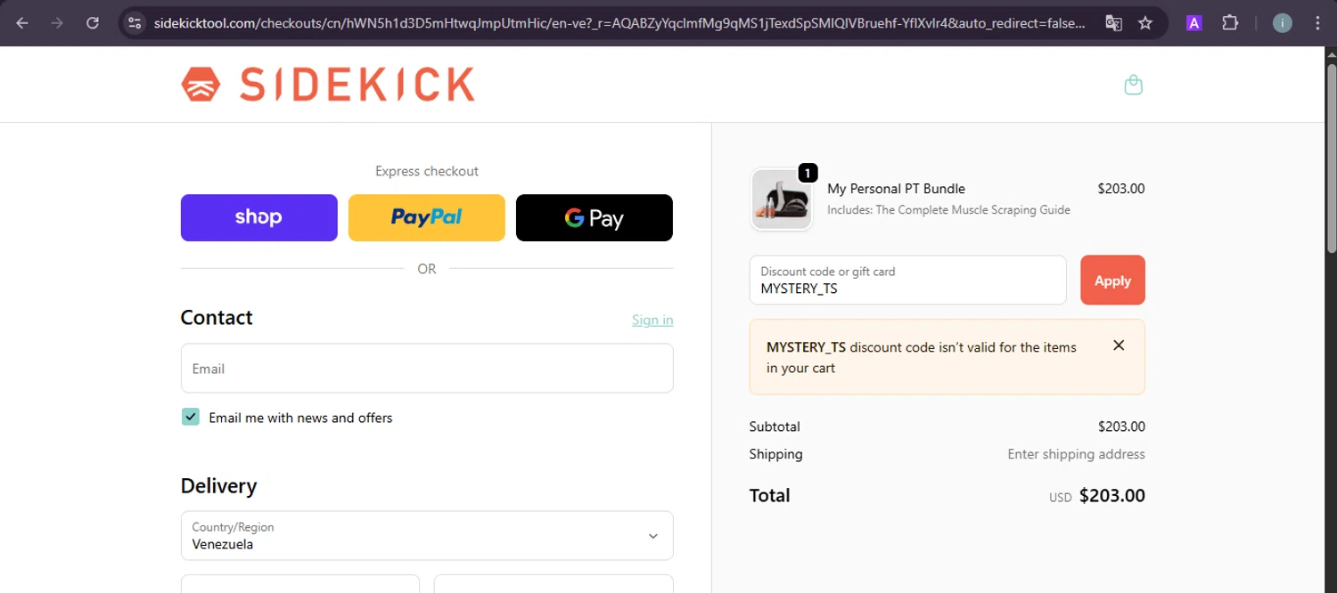 Sidekick promo code screenshot showing code MYSTERY_TS applied at Sidekick checkout page. Uploaded by SimplyCodes community member PrimeSentinel5869 on Nov 25, 2025