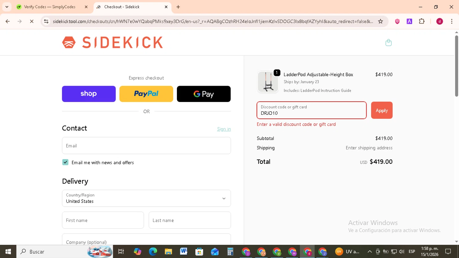 Sidekick promo code screenshot showing code DRJO10 applied at Sidekick checkout page. Uploaded by SimplyCodes community member FrugalMonarch7277 on Jan 15, 2026