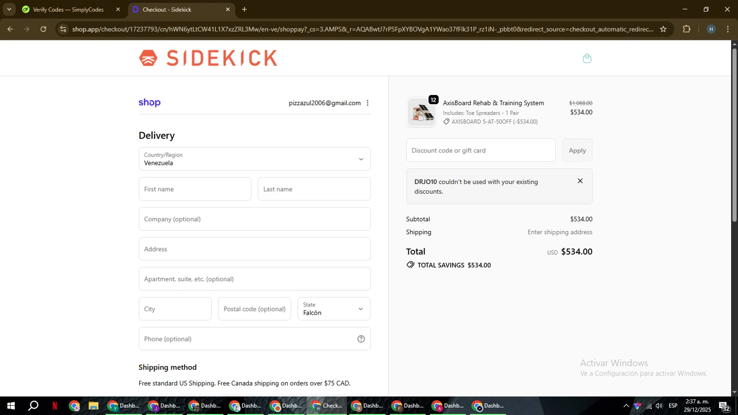 Sidekick promo code screenshot showing code DRJO10 applied at Sidekick checkout page. Uploaded by SimplyCodes community member YAMAHA on Dec 29, 2025