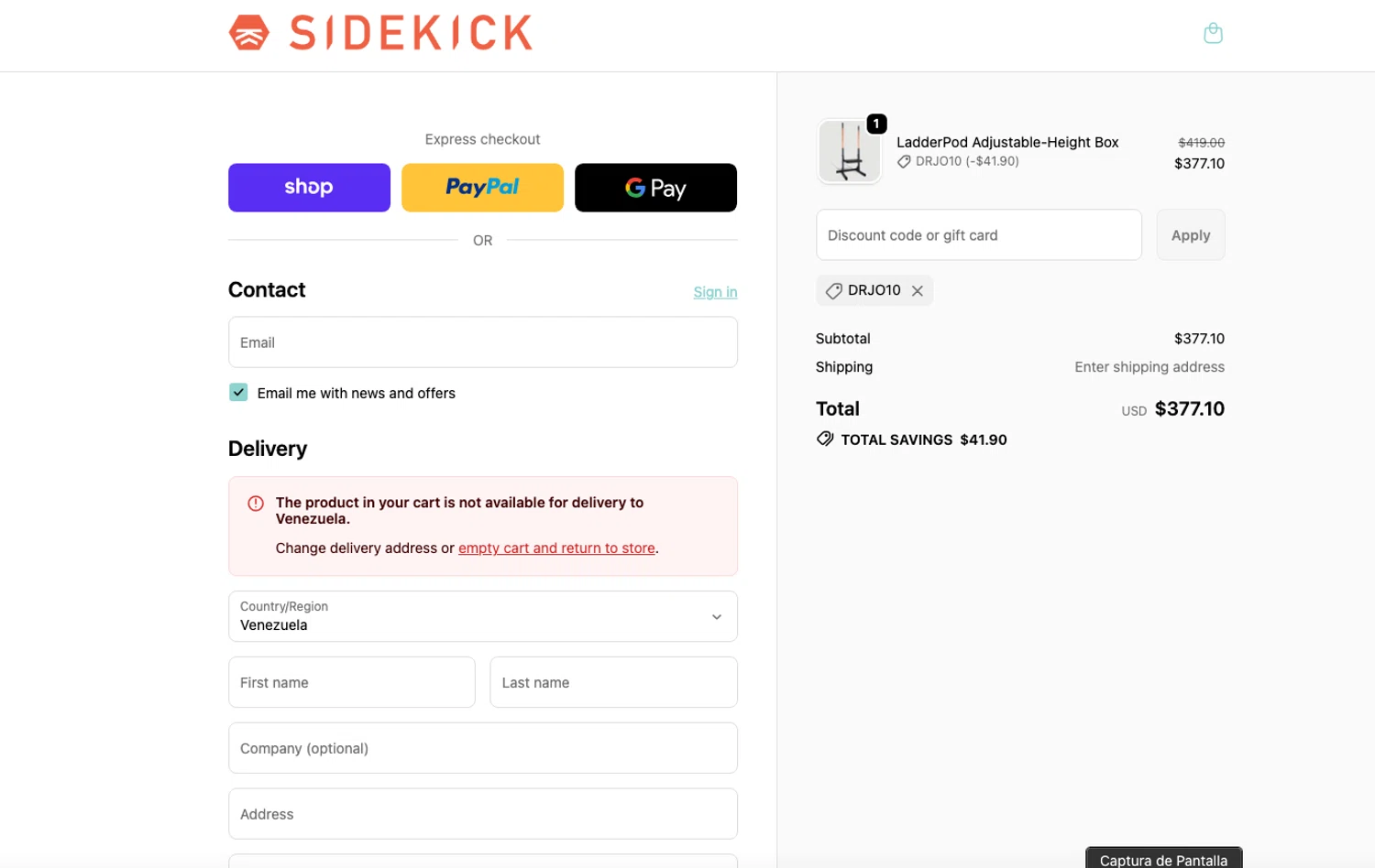 Sidekick promo code screenshot showing code DRJO10 applied at Sidekick checkout page. Uploaded by SimplyCodes community member ELOIN777 on Dec 29, 2025