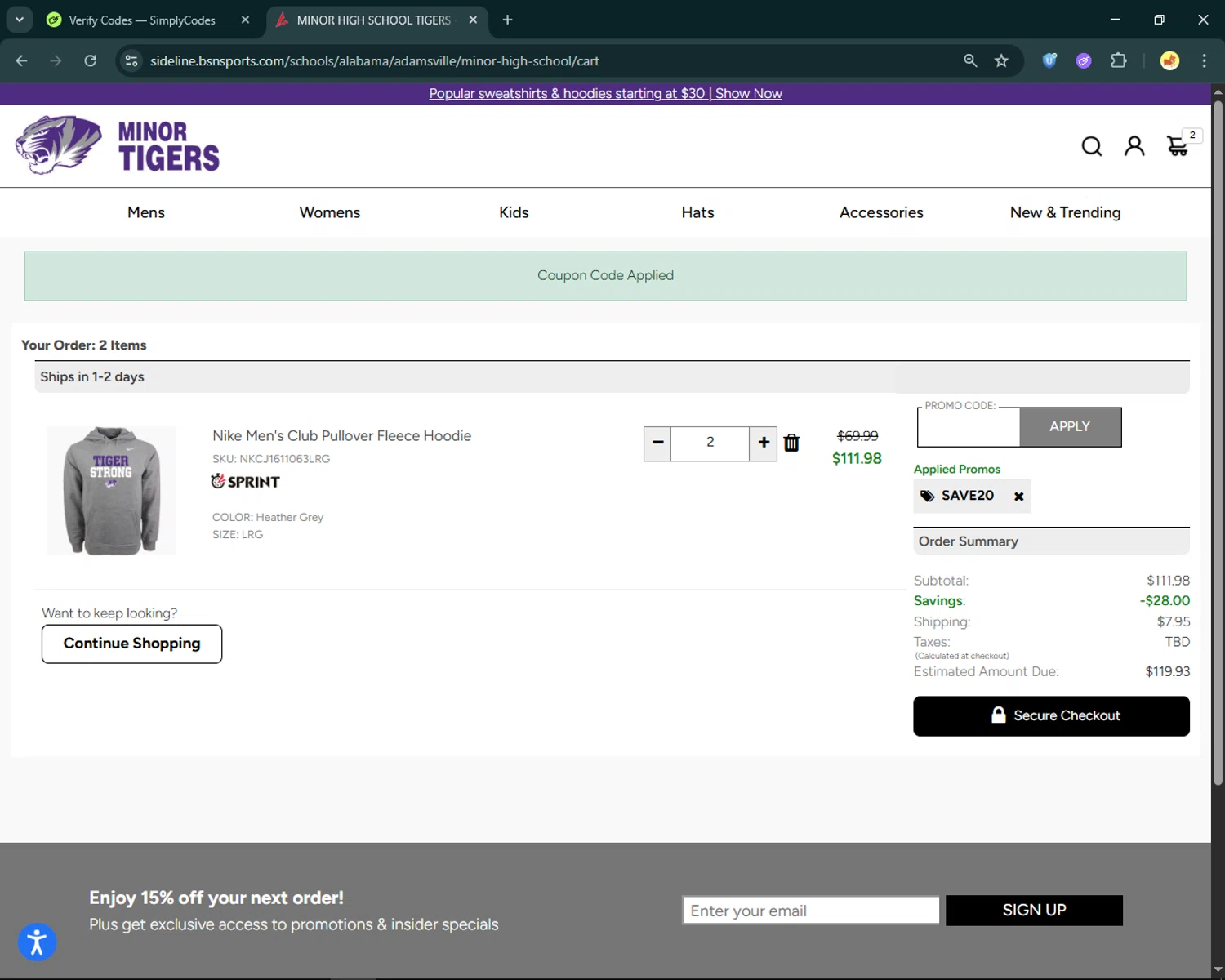 Sideline Store checkout page showing Sideline Store promo code box | Screenshot taken by SimplyCodes community member on Feb 11, 2026