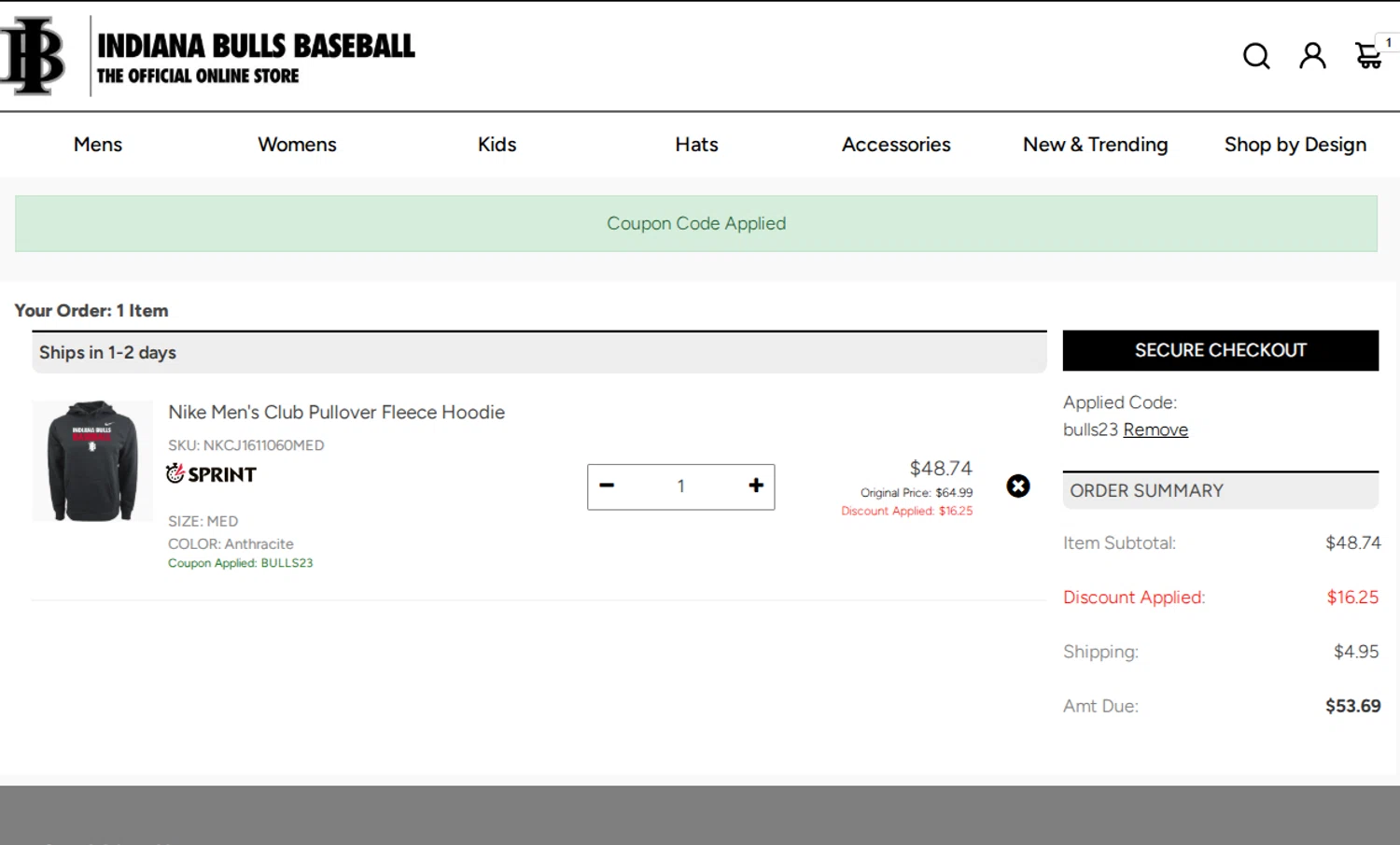 Sideline Store promo code screenshot showing code BULLS23 applied at Sideline Store checkout page. Uploaded by SimplyCodes community member Dallas on Jul 25, 2025