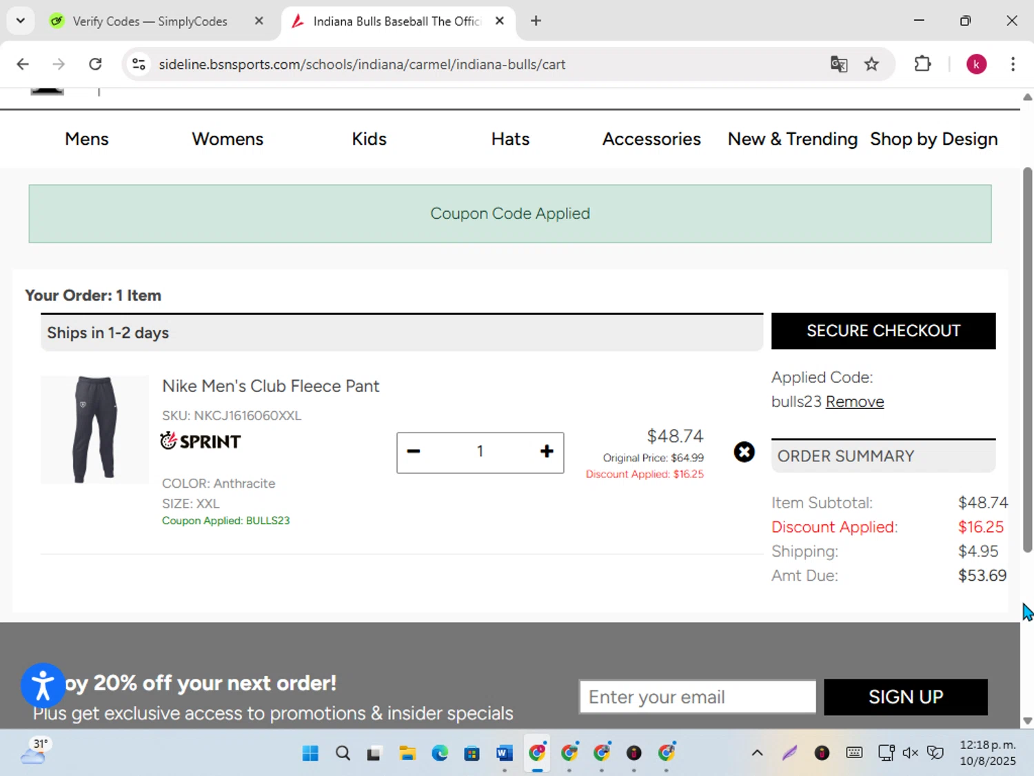 Sideline Store promo code screenshot showing code BULLS23 applied at Sideline Store checkout page. Uploaded by SimplyCodes community member karoline on Aug 10, 2025
