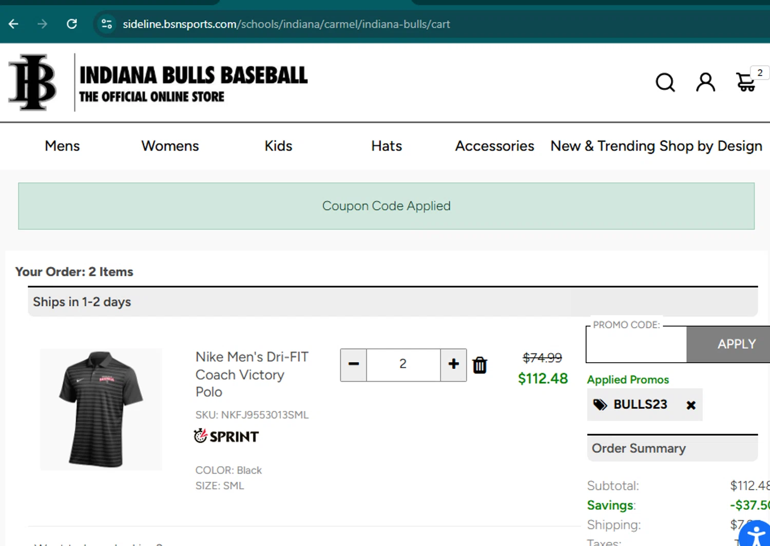 Sideline Store promo code screenshot showing code BULLS23 applied at Sideline Store checkout page. Uploaded by SimplyCodes community member samuelgomez2 on Oct 29, 2025