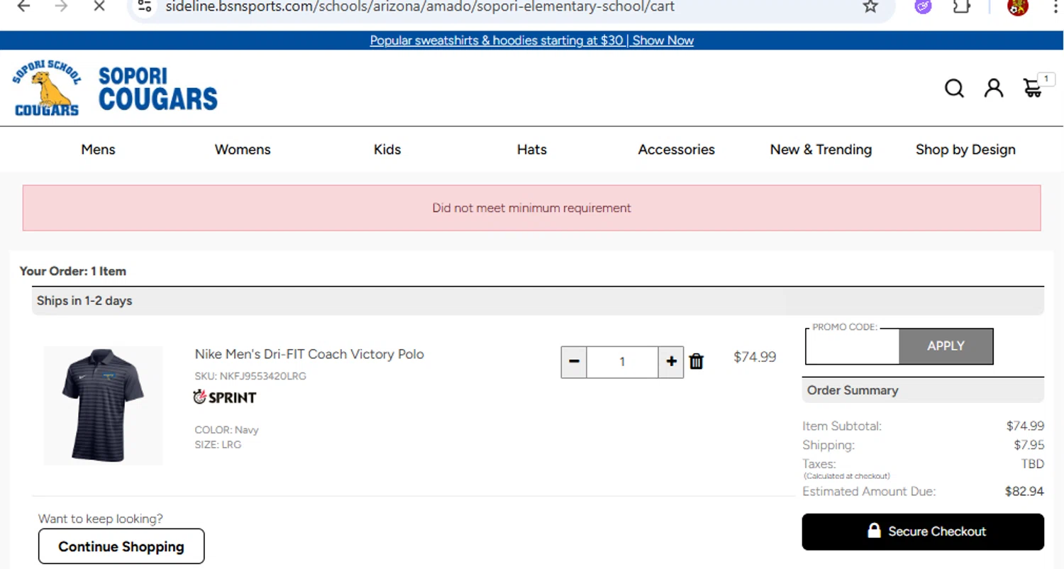 Sideline Store checkout page showing Sideline Store promo code box | Screenshot taken by SimplyCodes community member on Jan 20, 2026