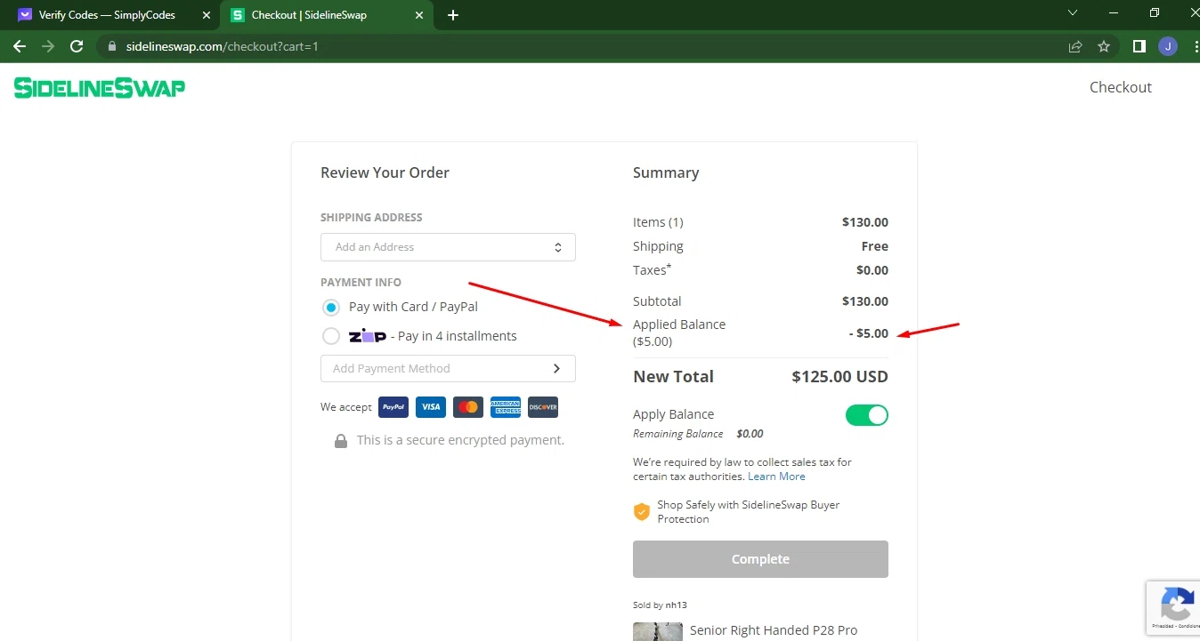 Sideline Swap checkout page showing Sideline Swap coupon code box | Screenshot taken by SimplyCodes community member on Jun 28, 2023