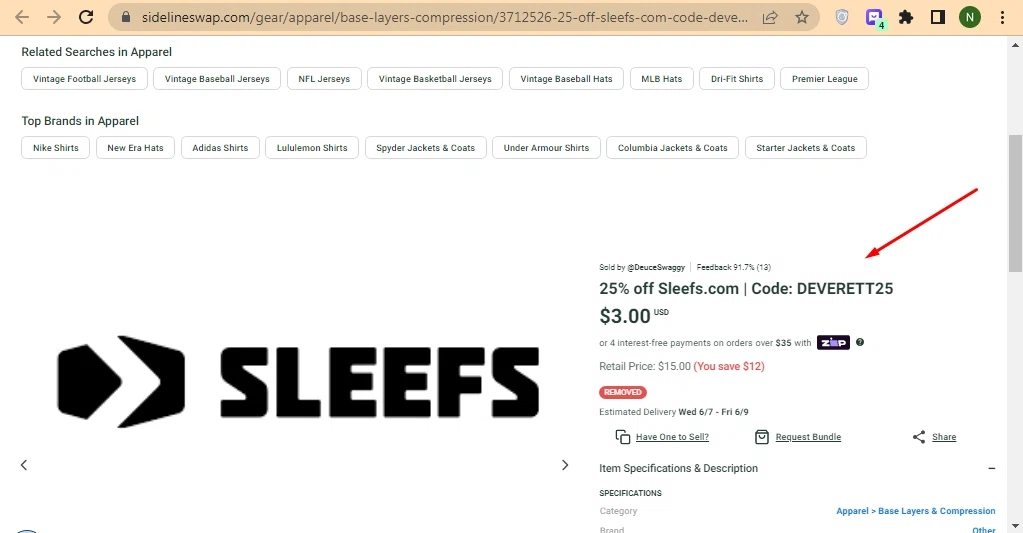 Sideline Swap checkout page showing Sideline Swap coupon code box | Screenshot taken by SimplyCodes community member on May 29, 2023