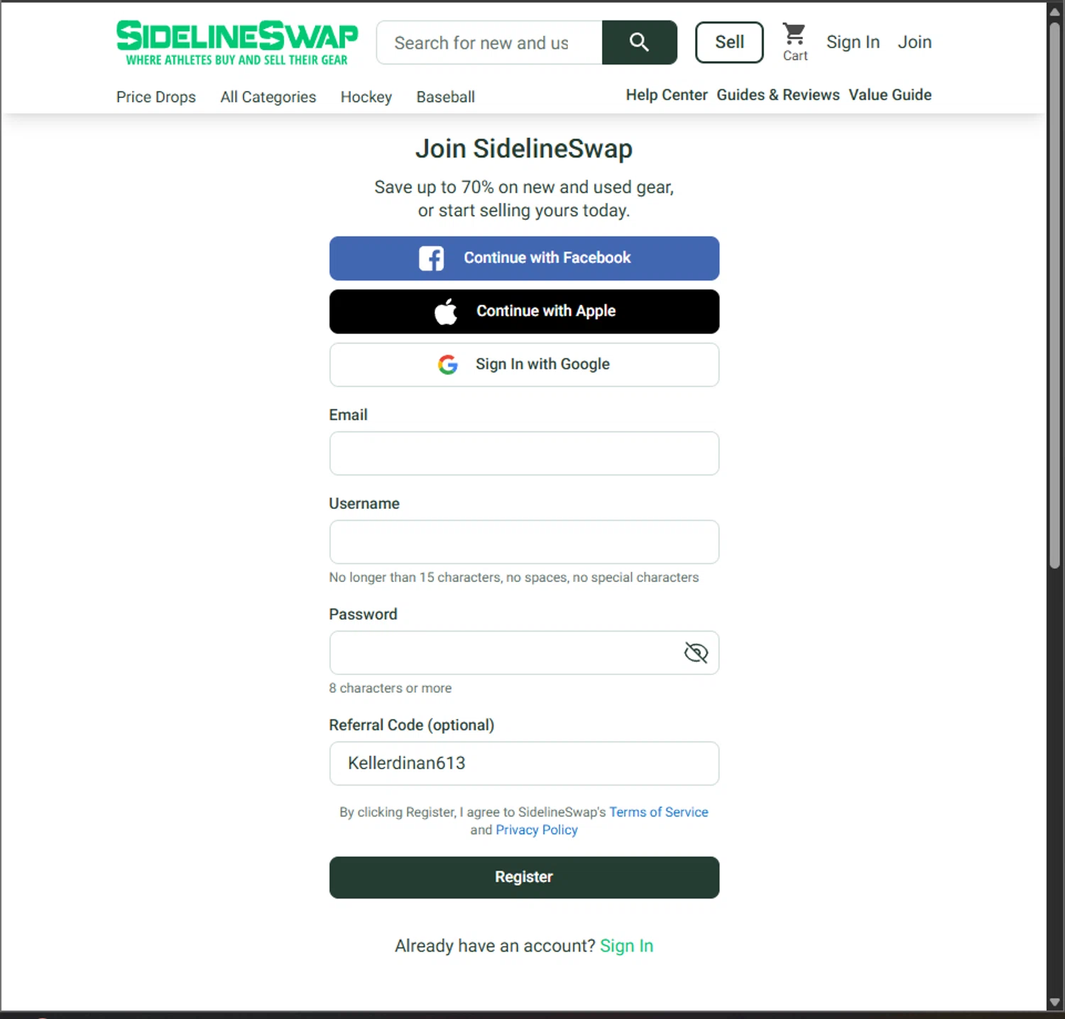 Sideline Swap coupon code screenshot showing code Kellerdinan613 applied at Sideline Swap checkout page. Uploaded by SimplyCodes community member PillarsofCreation on Oct 1, 2025