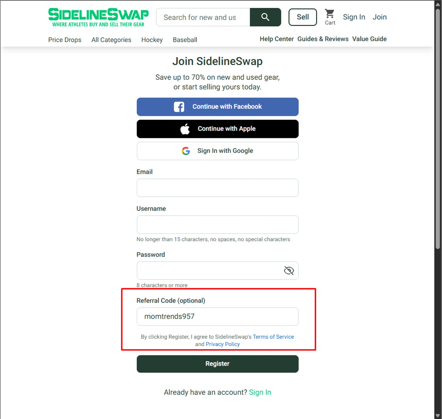 Sideline Swap coupon code screenshot showing code momtrends957 applied at Sideline Swap checkout page. Uploaded by SimplyCodes community member PillarsofCreation on Apr 24, 2025