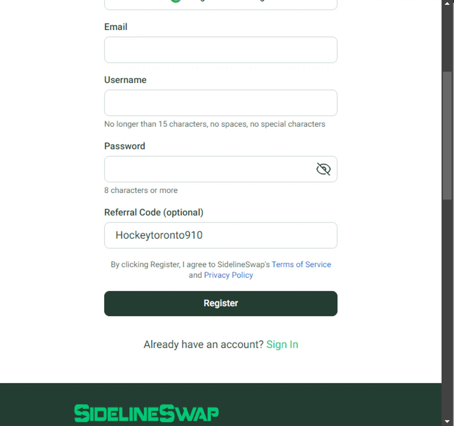 Sideline Swap coupon code screenshot showing code Hockeytoronto910 applied at Sideline Swap checkout page. Uploaded by SimplyCodes community member PillarsofCreation on Sep 19, 2024