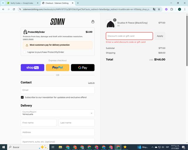 Sidemen Clothing checkout page showing Sidemen Clothing discount code box | Screenshot taken by SimplyCodes community member on Jul 28, 2025