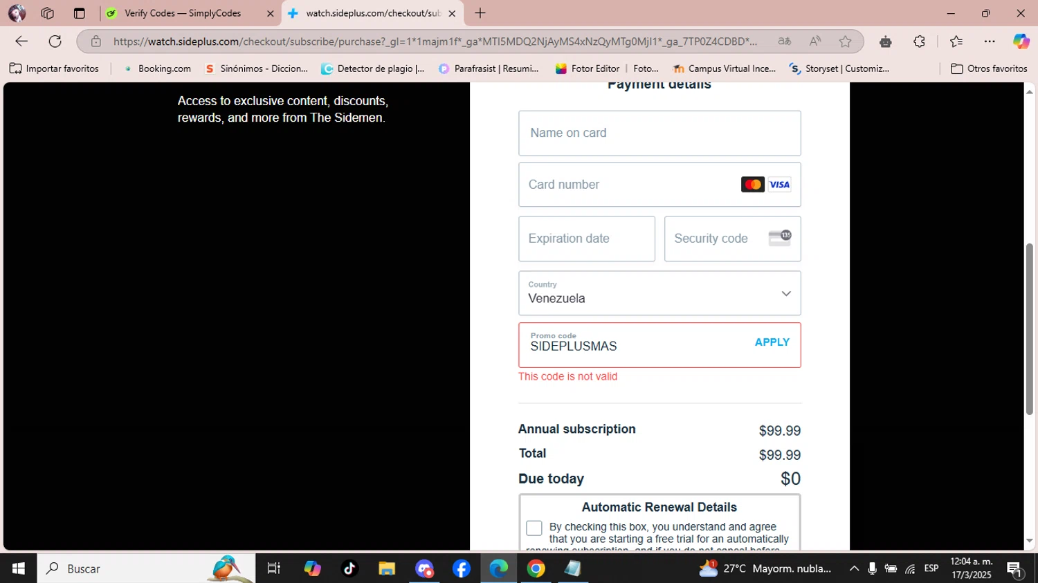 SIDE+ promo code screenshot showing code SIDEPLUSMAS applied at SIDE+ checkout page. Uploaded by SimplyCodes community member GoldHunter7700 on Mar 17, 2025