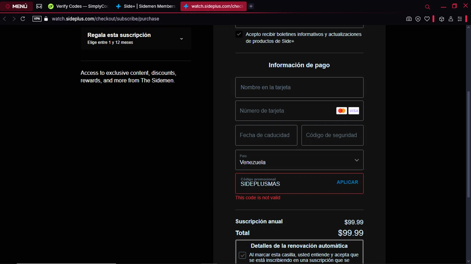 SIDE+ promo code screenshot showing code SIDEPLUSMAS applied at SIDE+ checkout page. Uploaded by SimplyCodes community member Gabrielpato on Mar 11, 2025