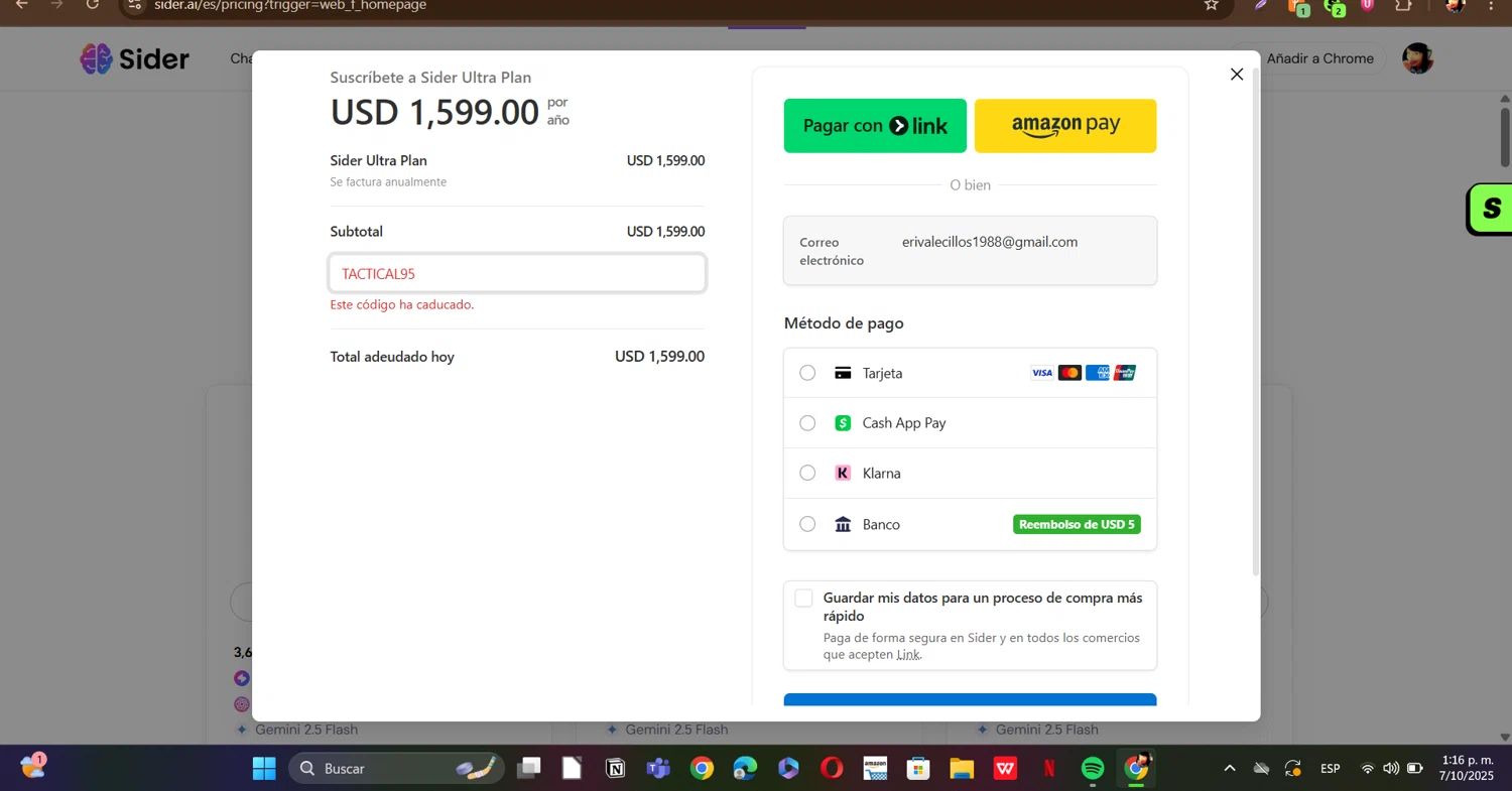 Sider AI promo code screenshot showing code TACTICAL95 applied at Sider AI checkout page. Uploaded by SimplyCodes community member ERI0810 on Oct 7, 2025