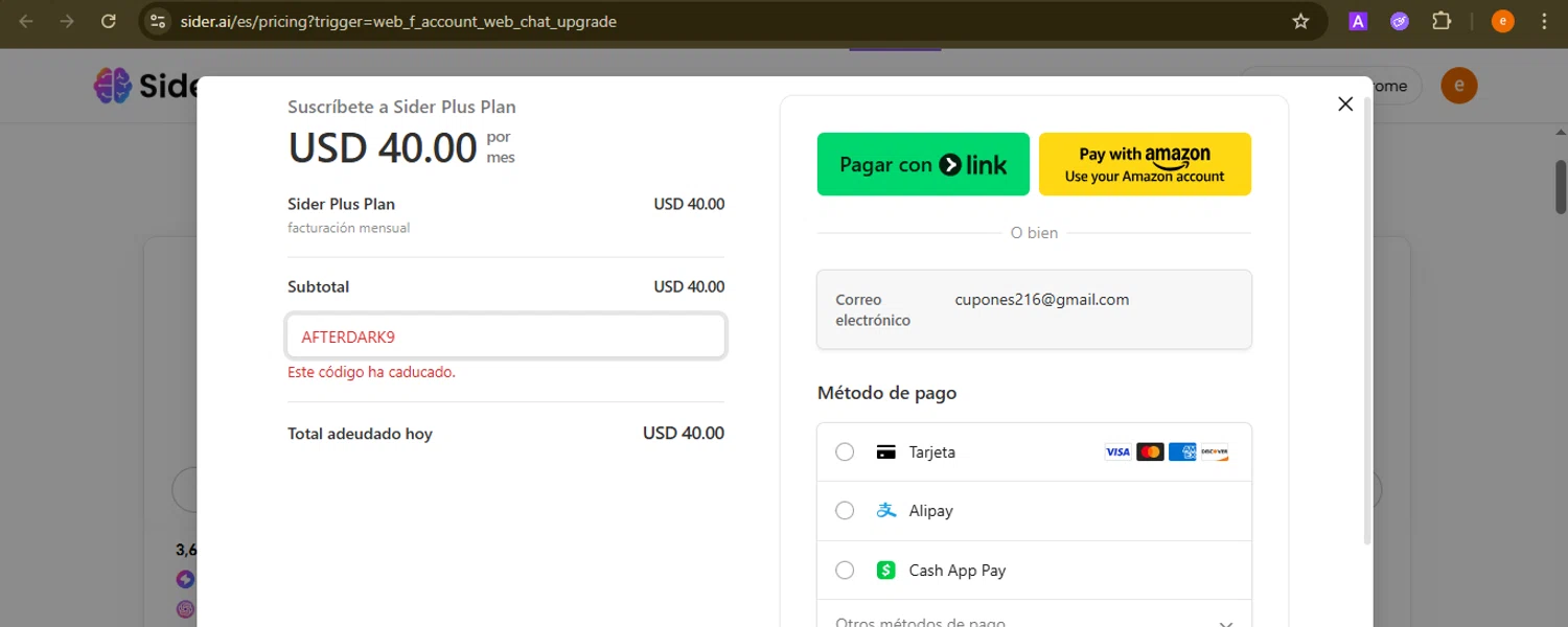 Sider AI promo code screenshot showing code AFTERDARK9 applied at Sider AI checkout page. Uploaded by SimplyCodes community member NobleElite1598 on Nov 5, 2025