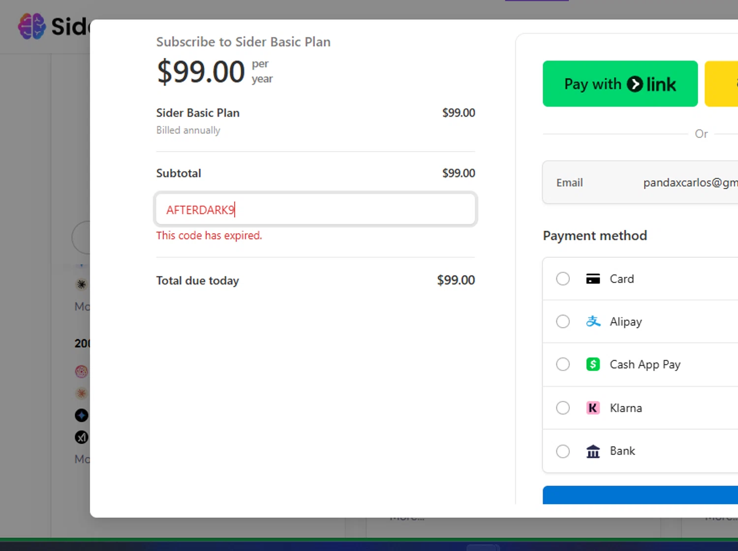 Sider AI promo code screenshot showing code AFTERDARK9 applied at Sider AI checkout page. Uploaded by SimplyCodes community member chepipro on Oct 7, 2025