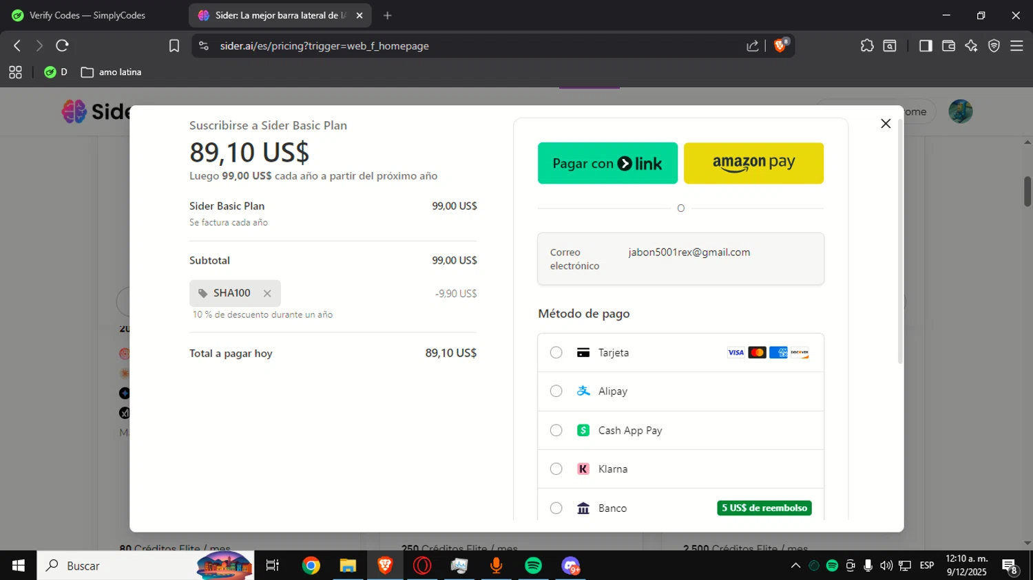 Sider AI promo code screenshot showing code Sha100 applied at Sider AI checkout page. Uploaded by SimplyCodes community member Alegre on Dec 9, 2025