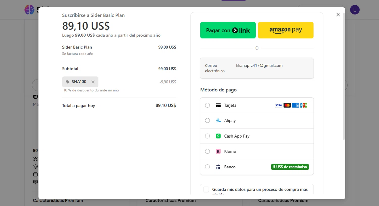 Sider AI promo code screenshot showing code Sha100 applied at Sider AI checkout page. Uploaded by SimplyCodes community member Moonkey on Nov 20, 2025