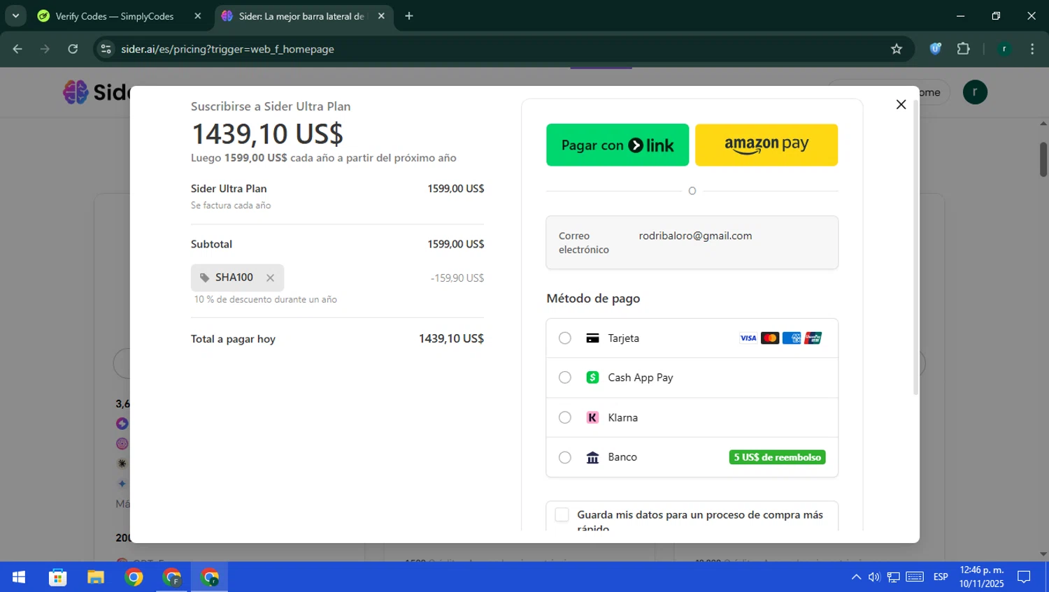 Sider AI checkout page showing Sider AI promo code box | Screenshot taken by SimplyCodes community member on Nov 10, 2025
